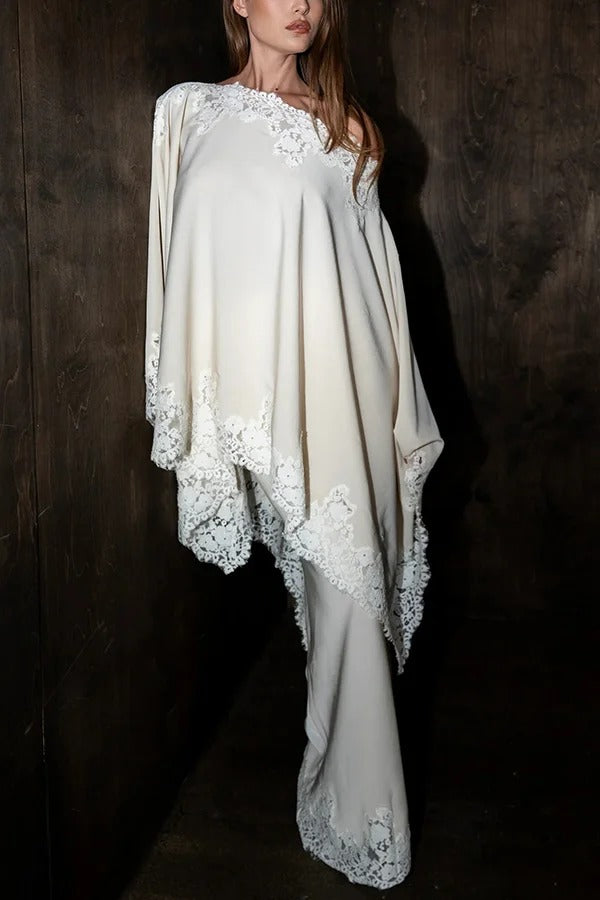 Like A Swan Satin Lace Trim Off Shoulder Wide Sleeve Cape Top