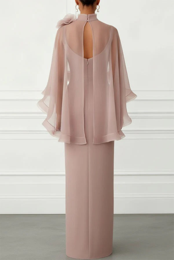Tallisa 3D Floral Mesh Mock Neck Half Cape Sleeve Gown Maxi Dress