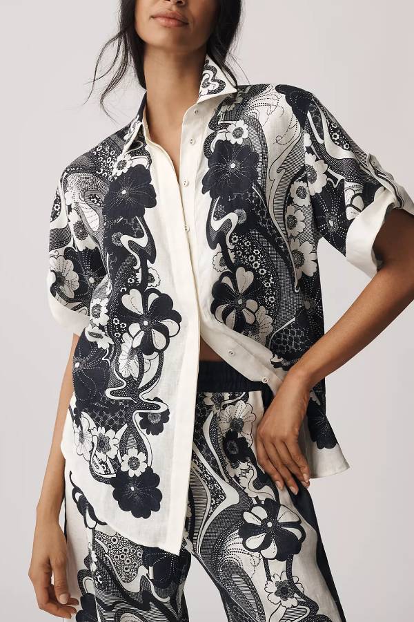 ALEMAIS Mickey Linen Short-Sleeve Buttondown Shirt