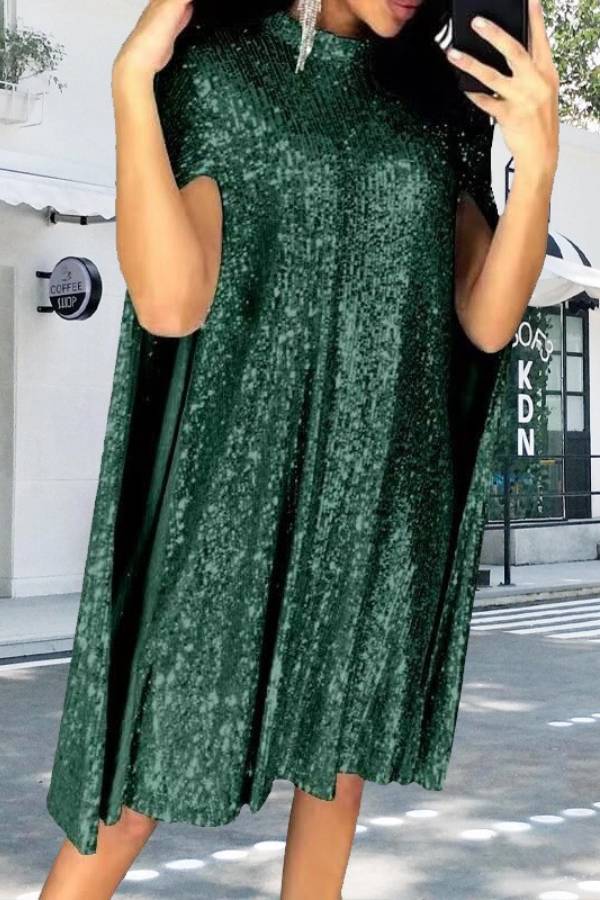 Sequined Cape Turtleneck Party Dress