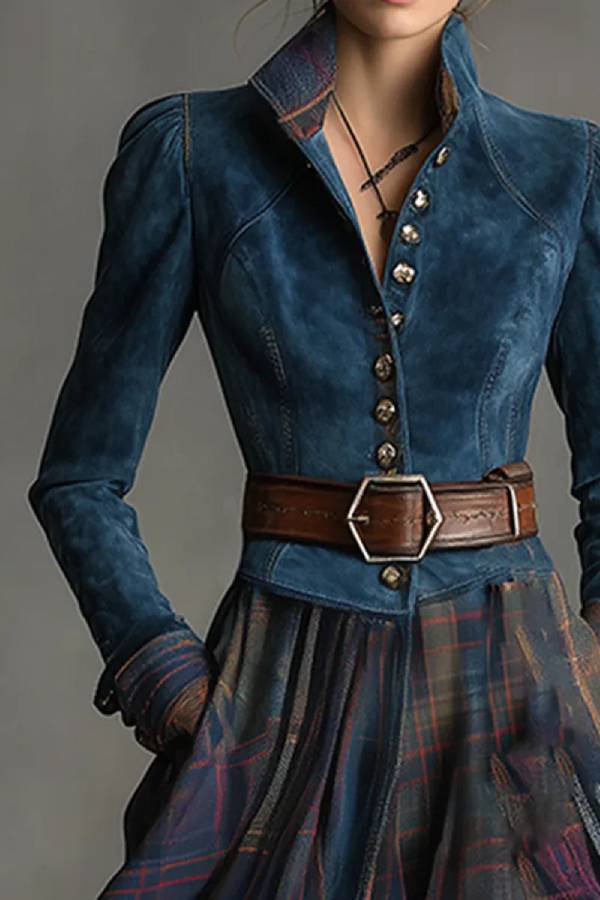 Retro Ethnic Style Blue Faux Suede Plaid Maxi Dress