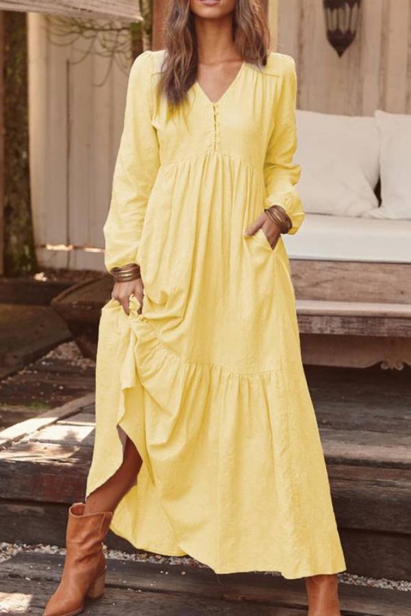 V-neck long-sleeved loose-fitting long skirt