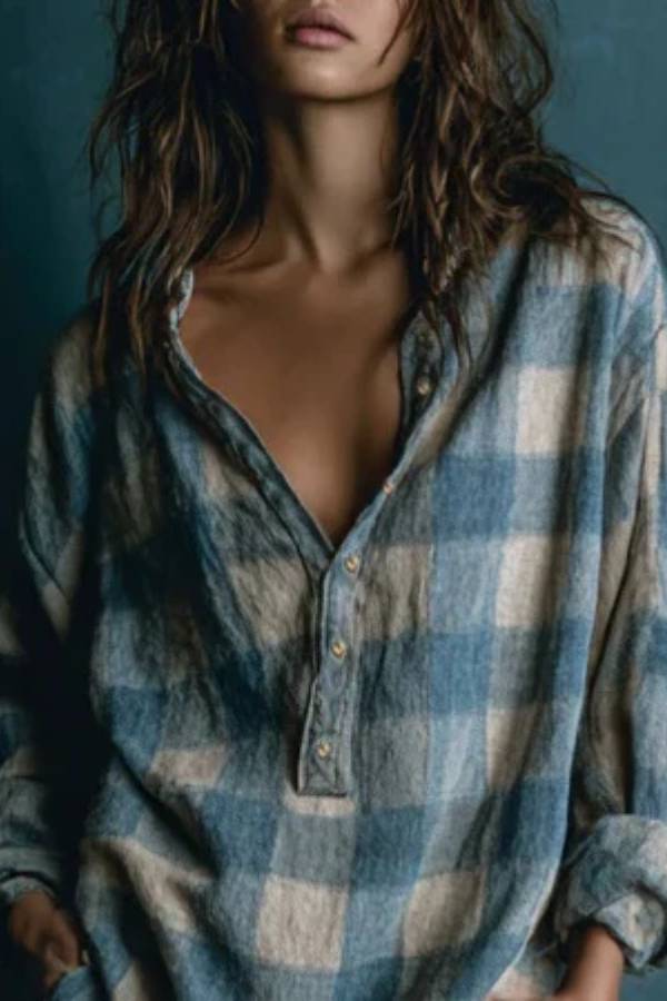 Blue And White Loose Plaid Henley Neck Long Sleeve Mini Dress