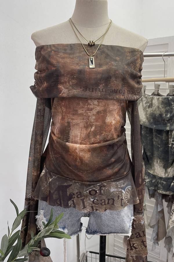 Art print off-the-shoulder pleated mesh top