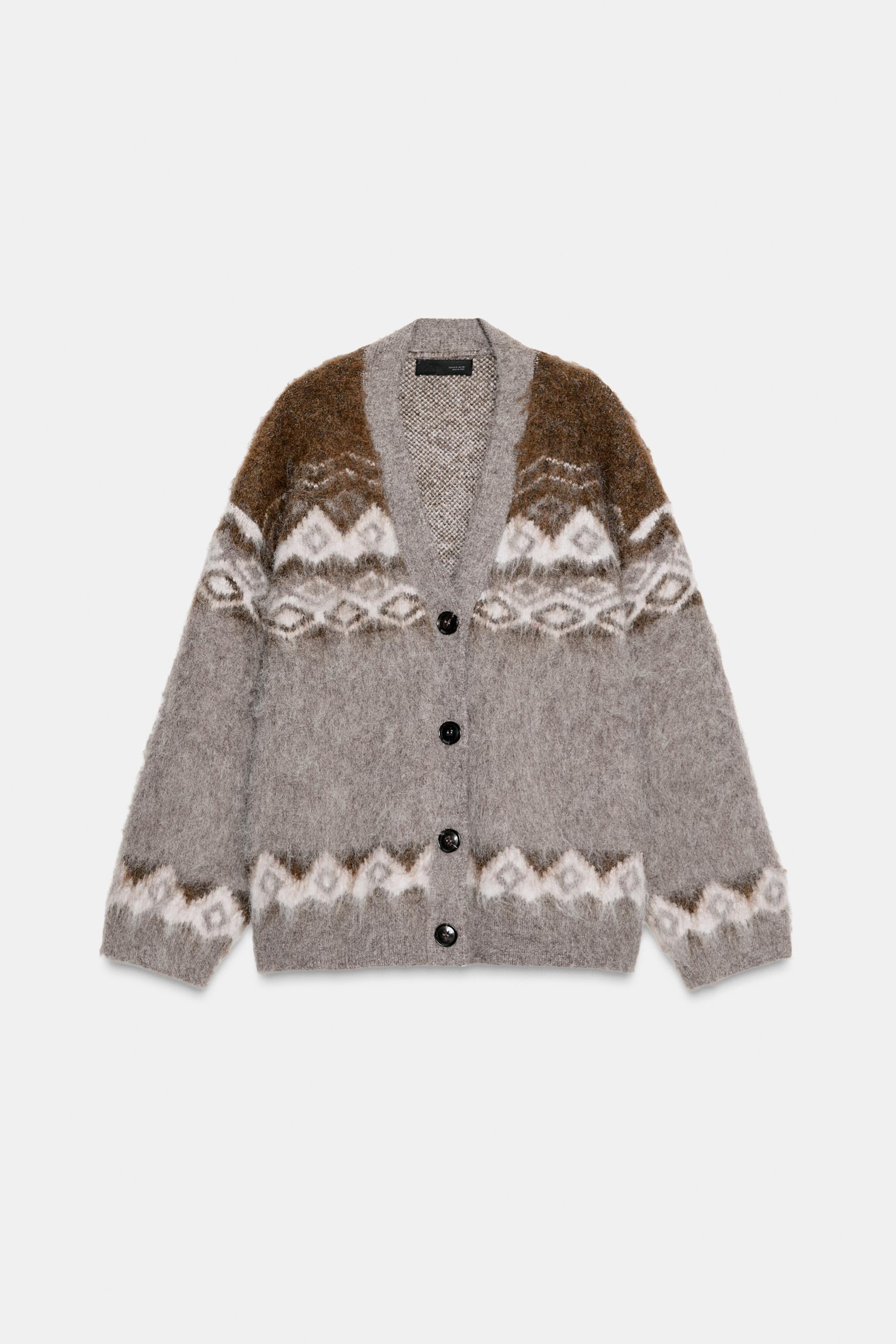 BRUSHED EFFECT JACQUARD KNIT CARDIGAN