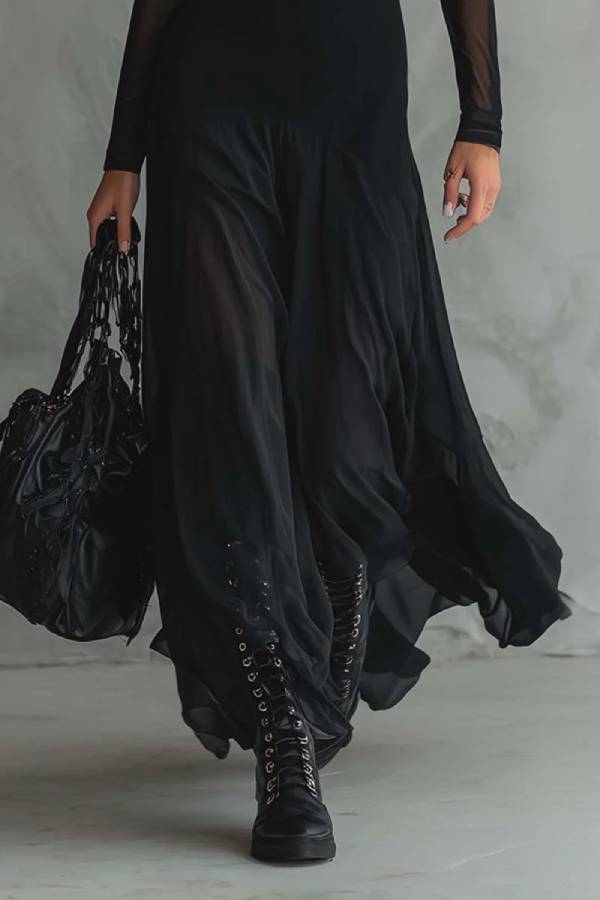 Black Tulle Patchwork Loose-fitting Maxi Dress
