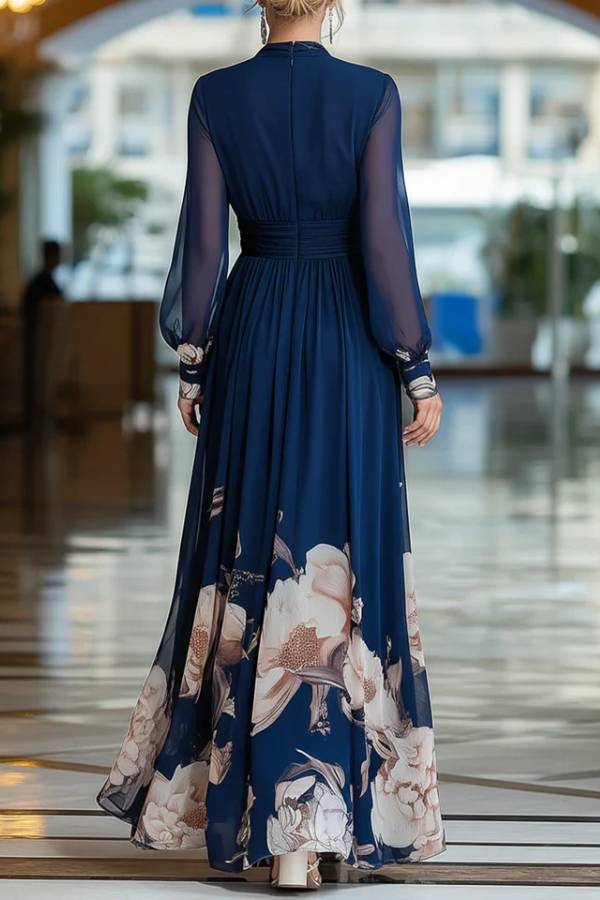 Navy Blue V-neck Tulle Sleeve Pleated Floral Maxi Dress