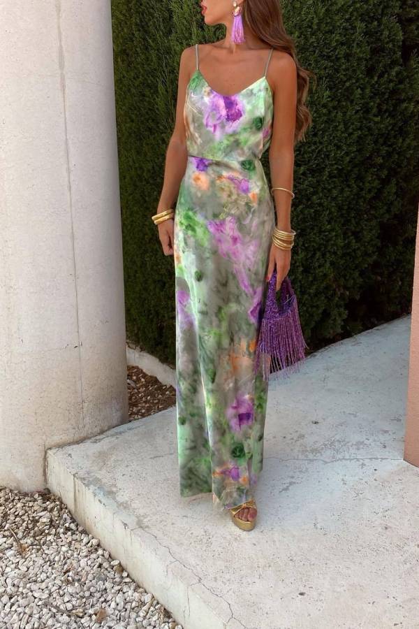 Artistic tie-dye off-shoulder bow suspender long dress two-piece set