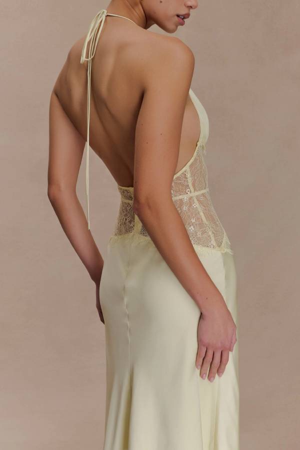 Soft and elegant halterneck lace-paneled maxi dress