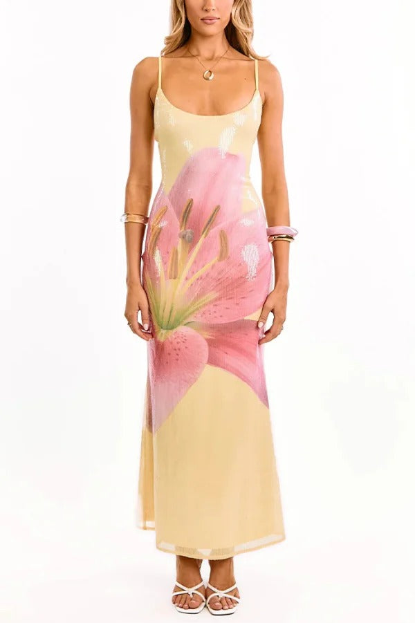 Floral Print Fashion Sequined Spaghetti Strap Backless Slim Fit Vacation Maxi Dress