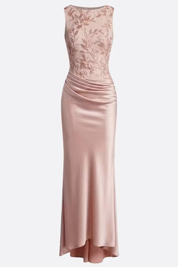 Vera Mesh Embroidery Satin Ruched Crew Neck Sleeveless Gown Maxi Dress