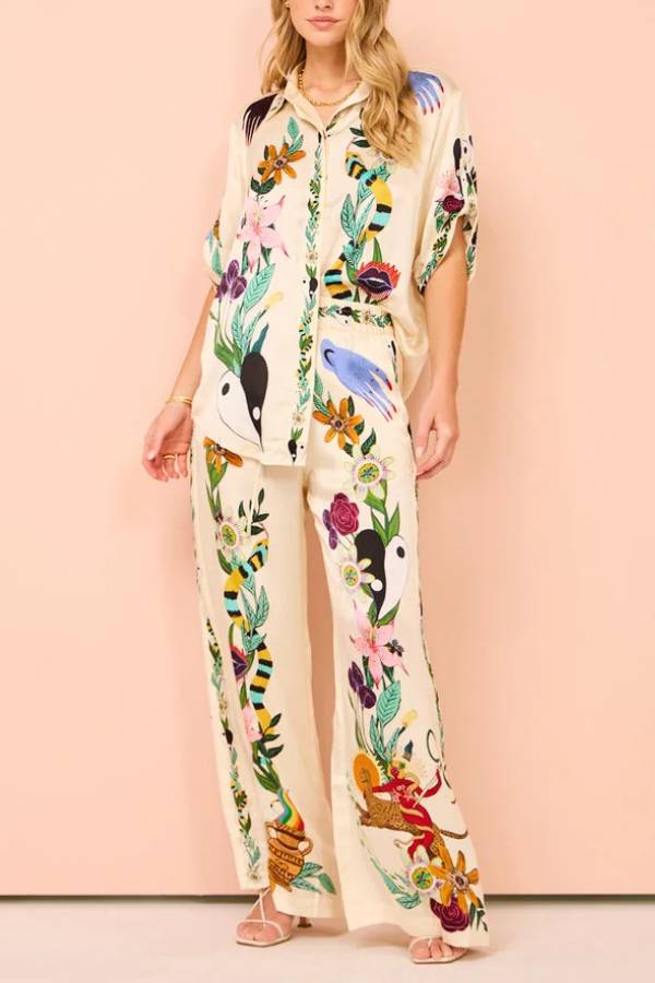 Claire Satin Unique Print Elastic Waist Pocketed Wide Leg Pants