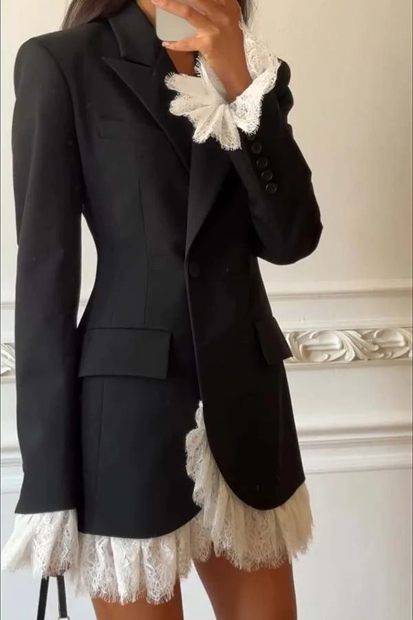 Cue The Chic Lace Trim Button Long Sleeve Lapel Blazer Mini Dress