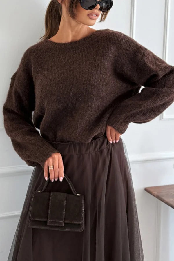 Gisella Knit Back Slit Leopard Print Bow Design Long Sleeve Relaxed Sweater