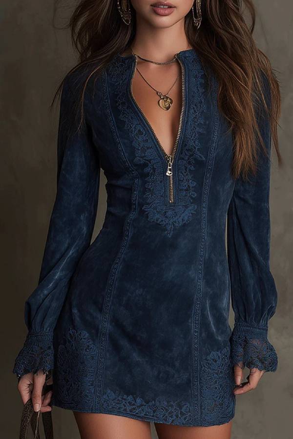 Vintage Blue Suede Lace Trim Mini Dress