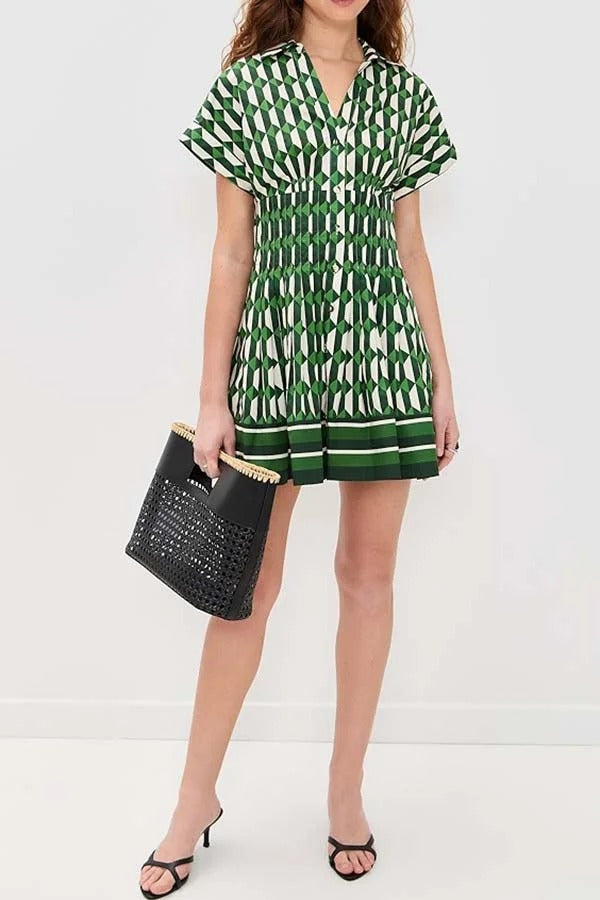 Nash Geometric Tile Print Wide Sleeve Button Up Pocketed Mini Dress
