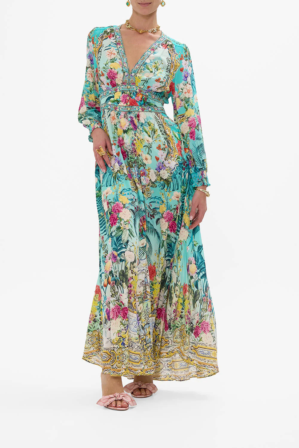 Art Print V-Neck Waisted Palace Style Maxi Dress