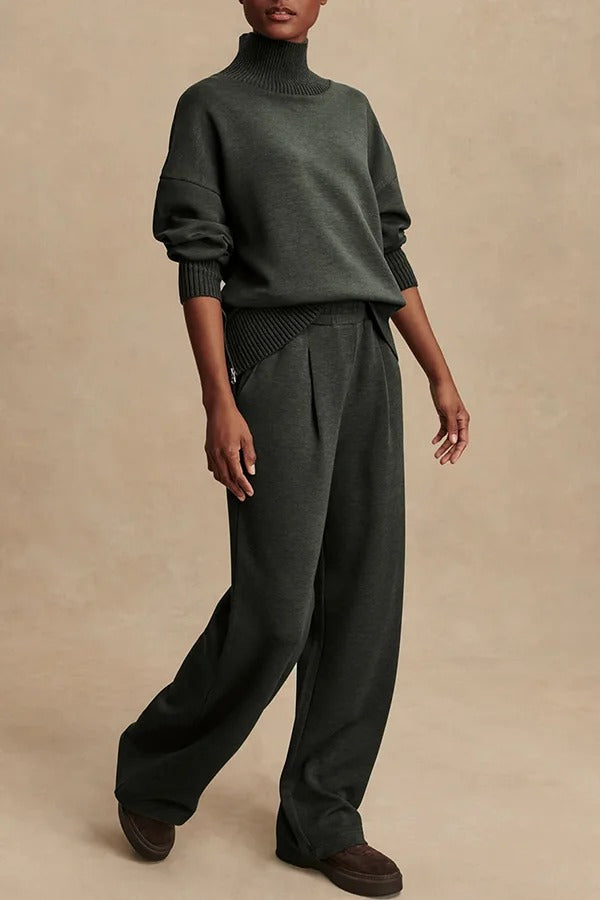 Barker High-Neck Long Sleeve Side Zipper Sweatshirt and Elastic Waist Pocketed Loose Pants Set