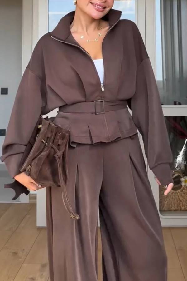 Stand-up collar belted wide-leg suit