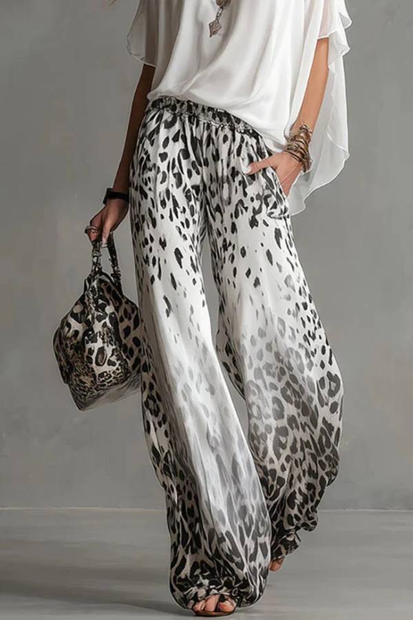 Flowy White T-shirt And Leopard Print Chiffon Pants Set