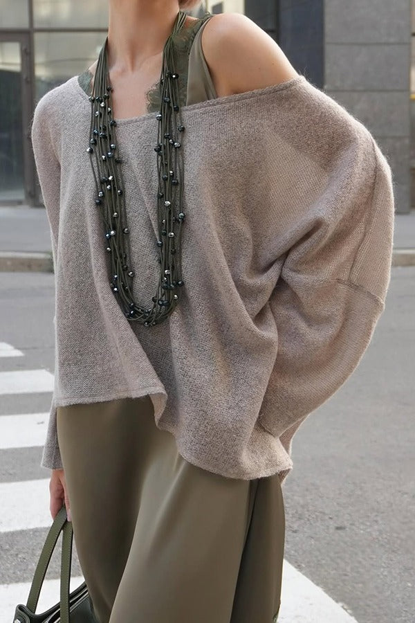 Warm Winter Knit Wide Neck Batwing Sleeve Loose Relaxed Sweater