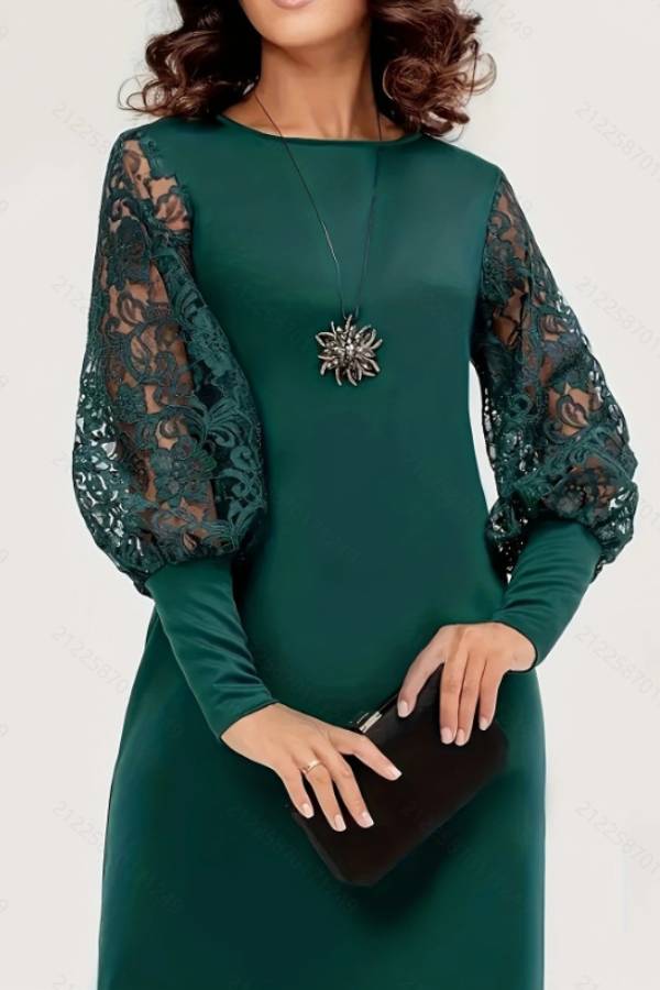 Round neck lace lantern sleeve midi dress