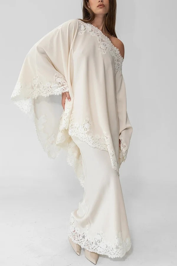 Like A Swan Satin Lace Trim Off Shoulder Wide Sleeve Cape Top