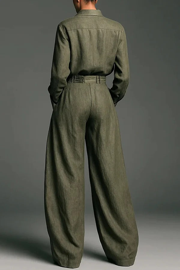 Linen Blend Lapel Long-sleeved Casual Shirt and High-waist Pocket Loose Wide-leg Pants Set