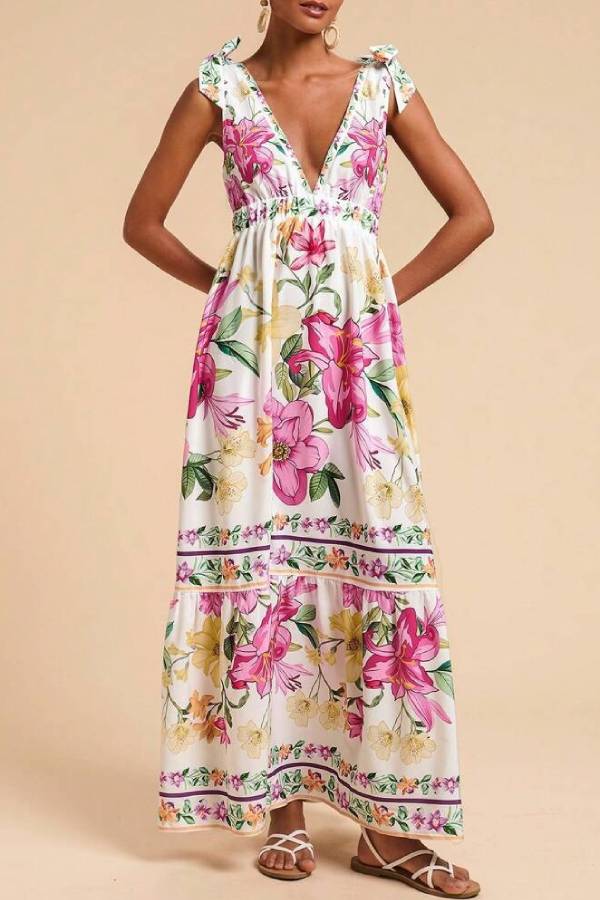 Bohemian Deep V Tie Print Long Swing Dress