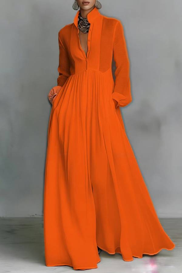Stand Collar Sheer Pleated Long Sleeve Maxi Dress