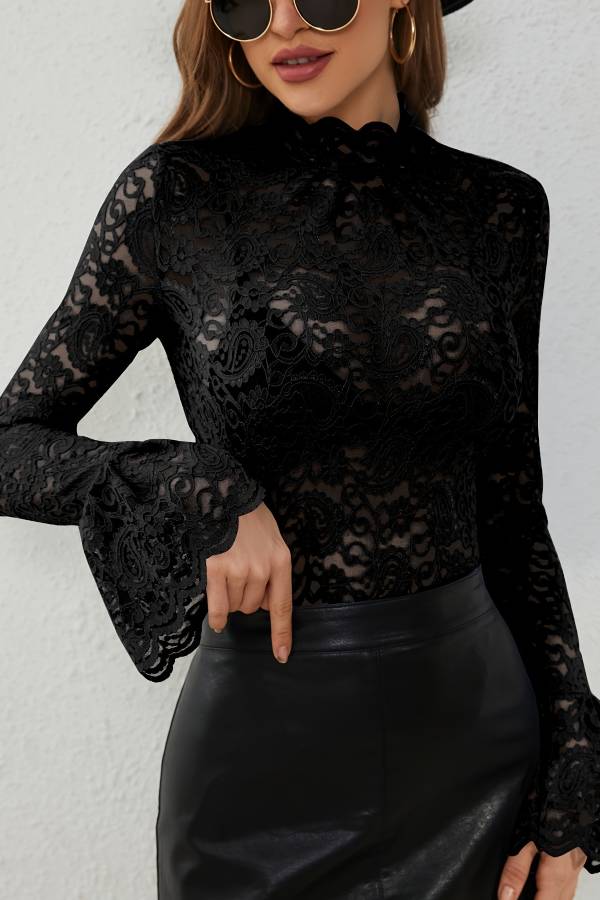 High-neck lace flared sleeves see-through top