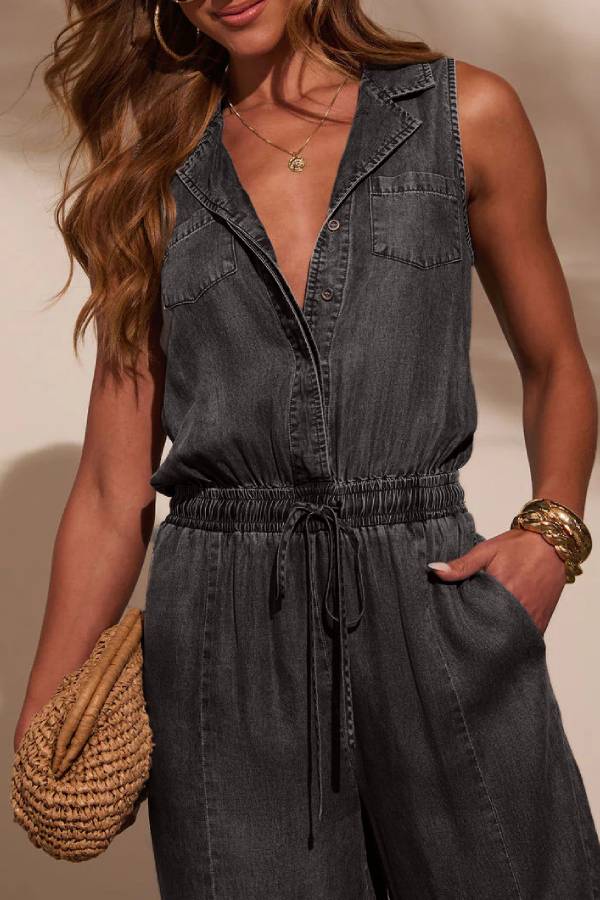 Sleeveless collared drawstring denim jumpsuit