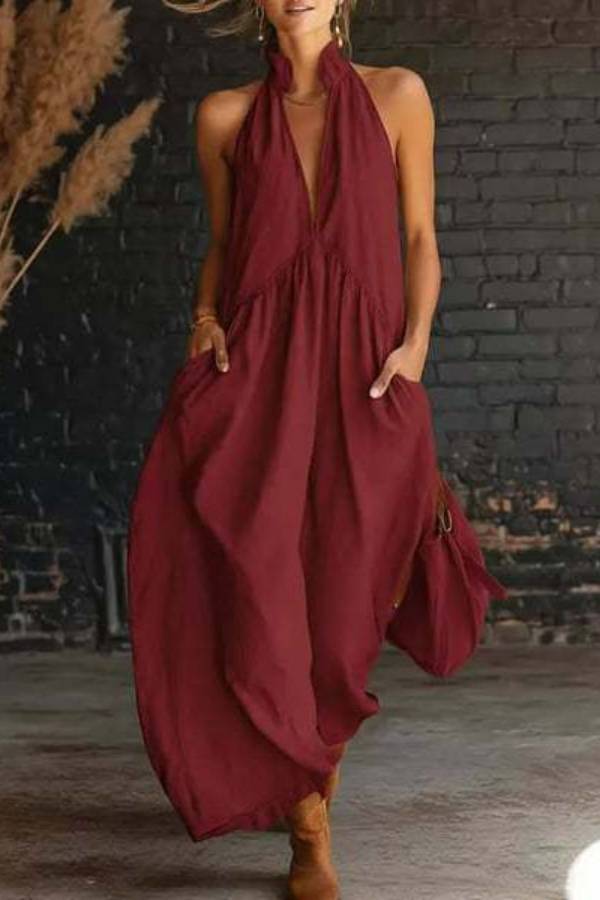 Bohemian Halter V-Neck Linen Maxi Dress