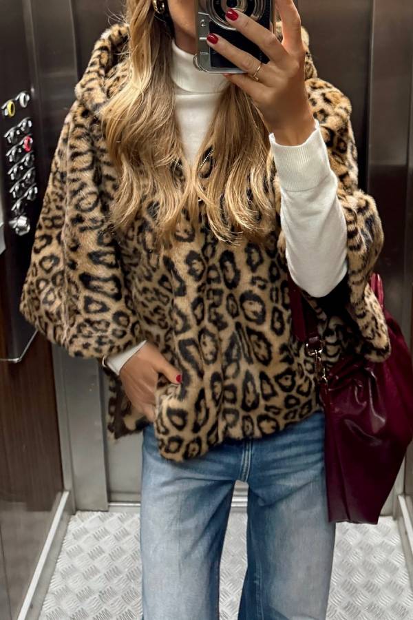 Leopard print hooded faux fur loose coat