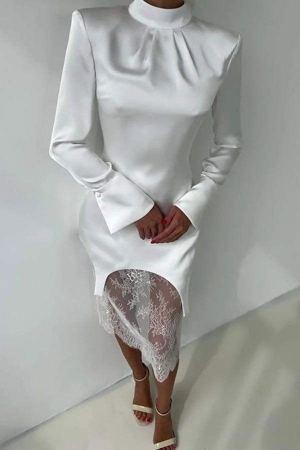 Melissa Satin High Neck Long Sleeve Curved Hem Top and Lace Midi Skirt Set
