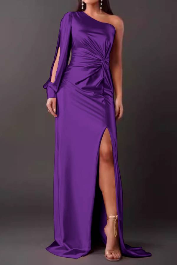 One-shoulder satin twisted high-slit maxi dress