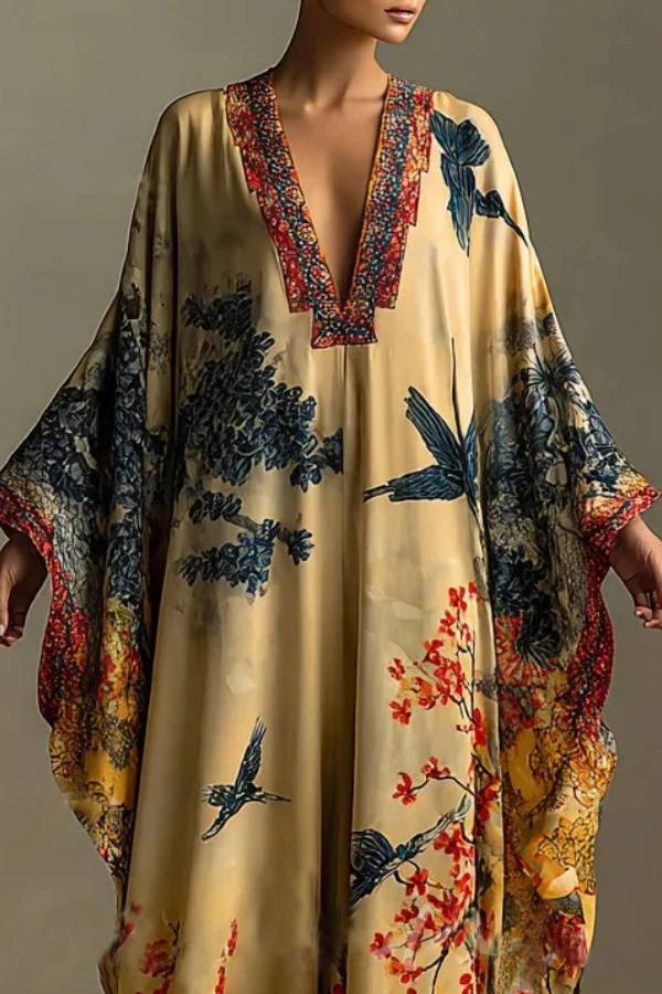 Red Maple Blossom And Bird Art Print Batwing Sleeve Long Robe Dress