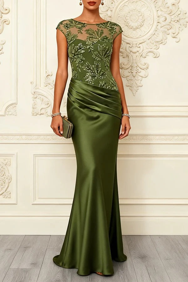 Nasha Floral Sequin Satin Boat Neck Short Sleeve Ruched Mermaid Gown Maxi Dress