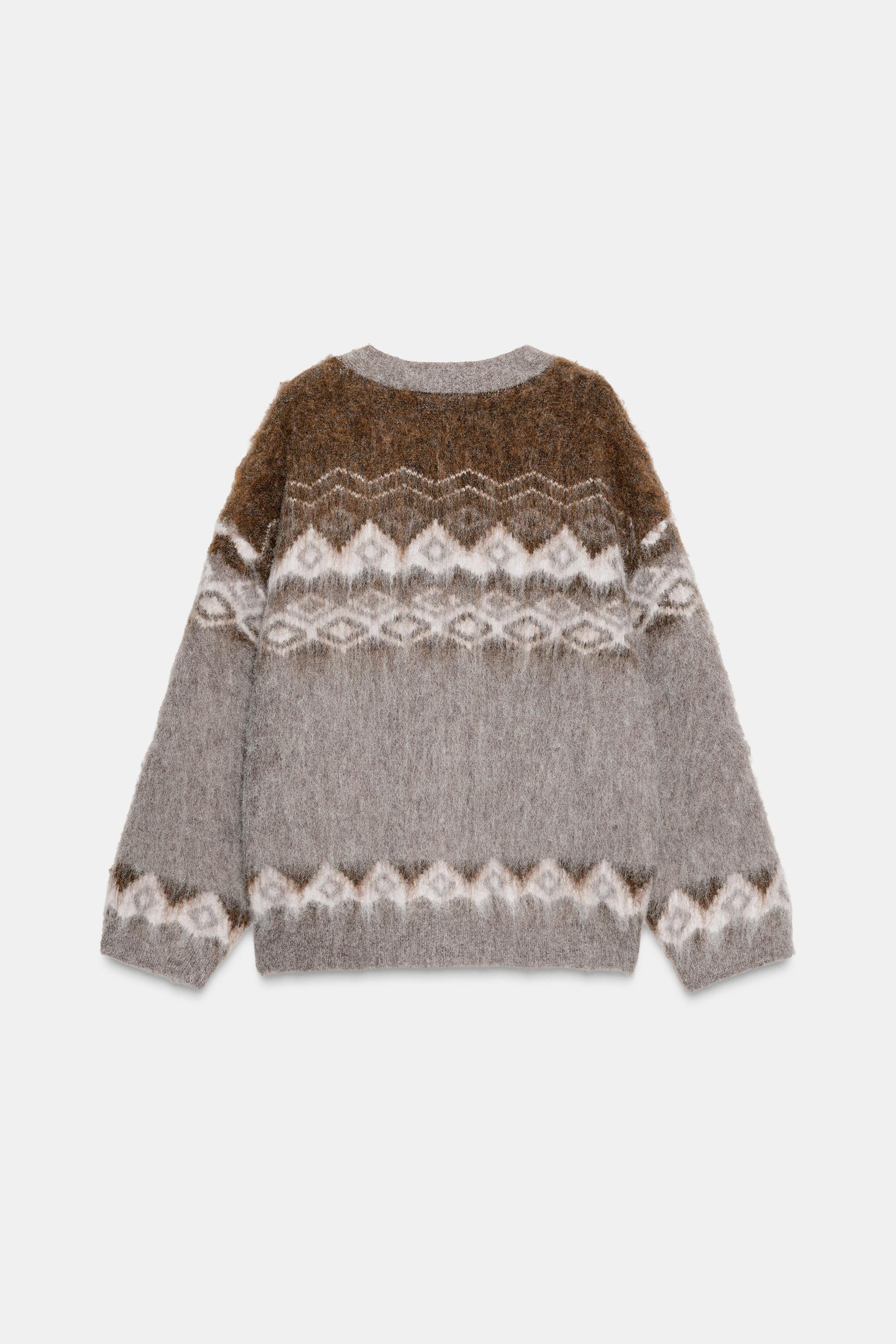 BRUSHED EFFECT JACQUARD KNIT CARDIGAN