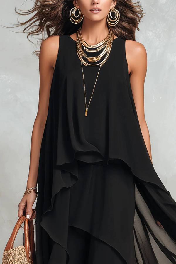 Black Chiffon Layered Round Neck Sleeveless Maxi Dress