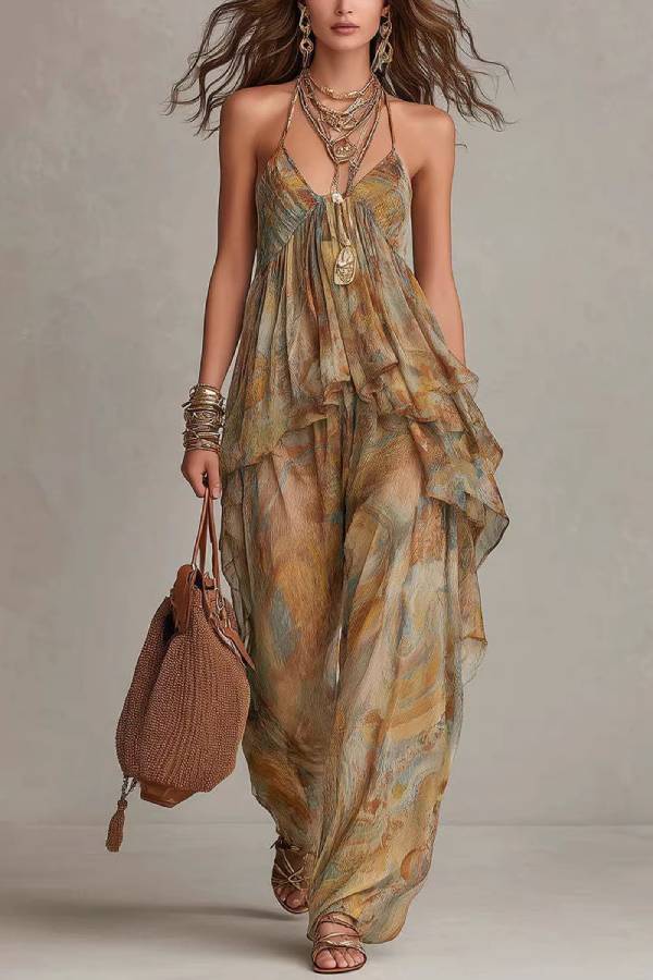 Watercolor Print Halter Chiffon Top & Wide-Leg Pants Two-Piece Set