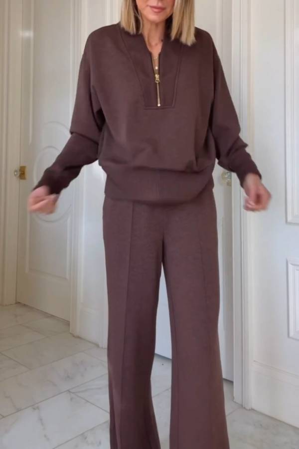 Brown half-zip casual sweatshirt and wide-leg pants set
