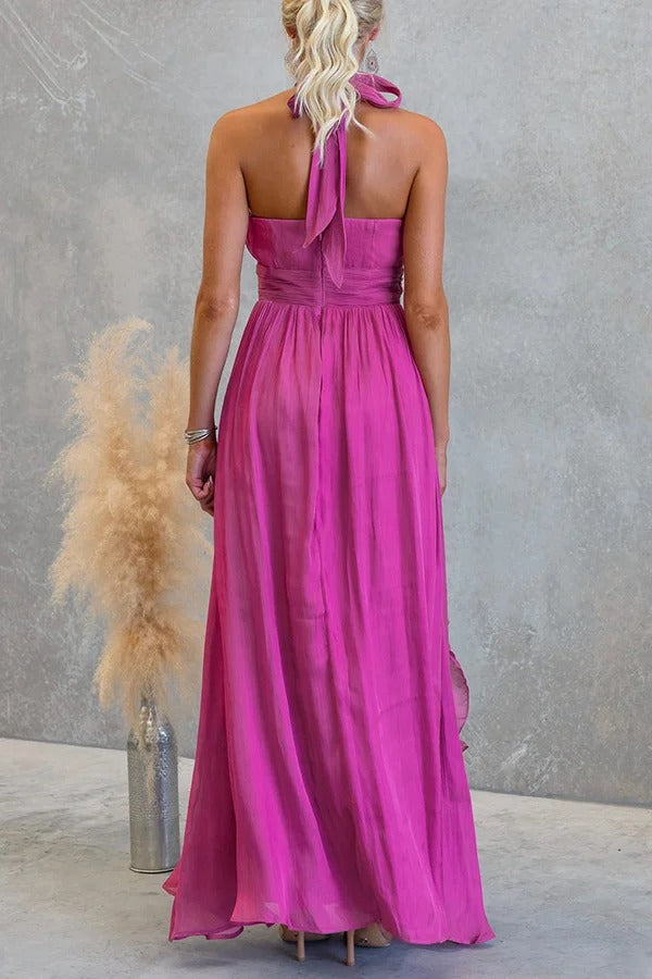 Coral Textured Metallic Chiffon Material High Tie Neck Ruffles Maxi Dress