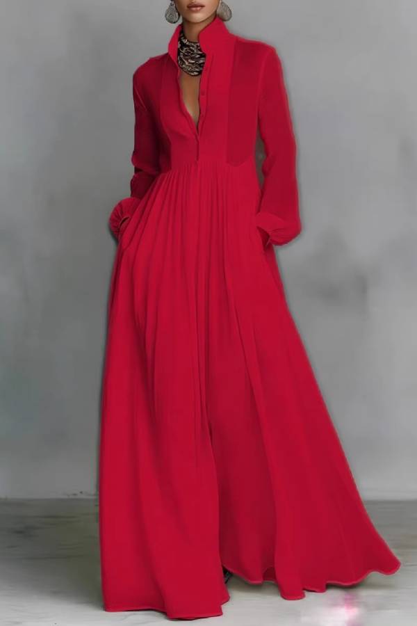 Stand Collar Sheer Pleated Long Sleeve Maxi Dress