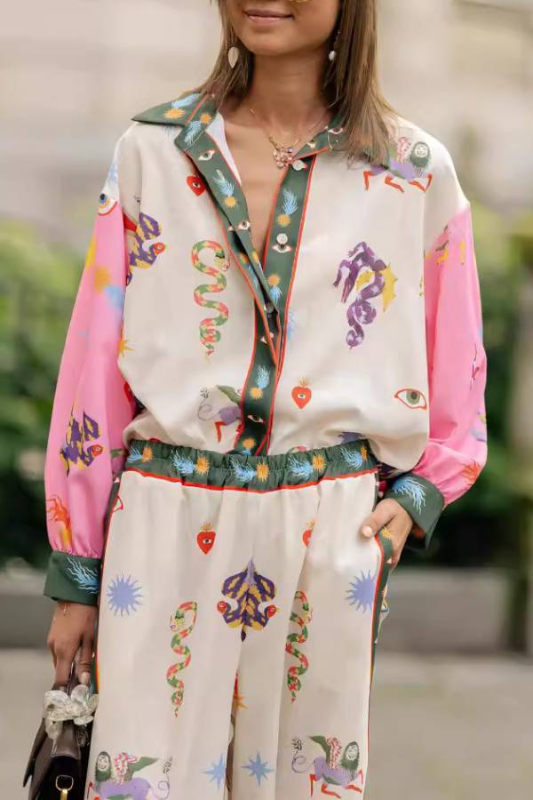 Artistic print collared shirt and wide-leg pants two-piece set