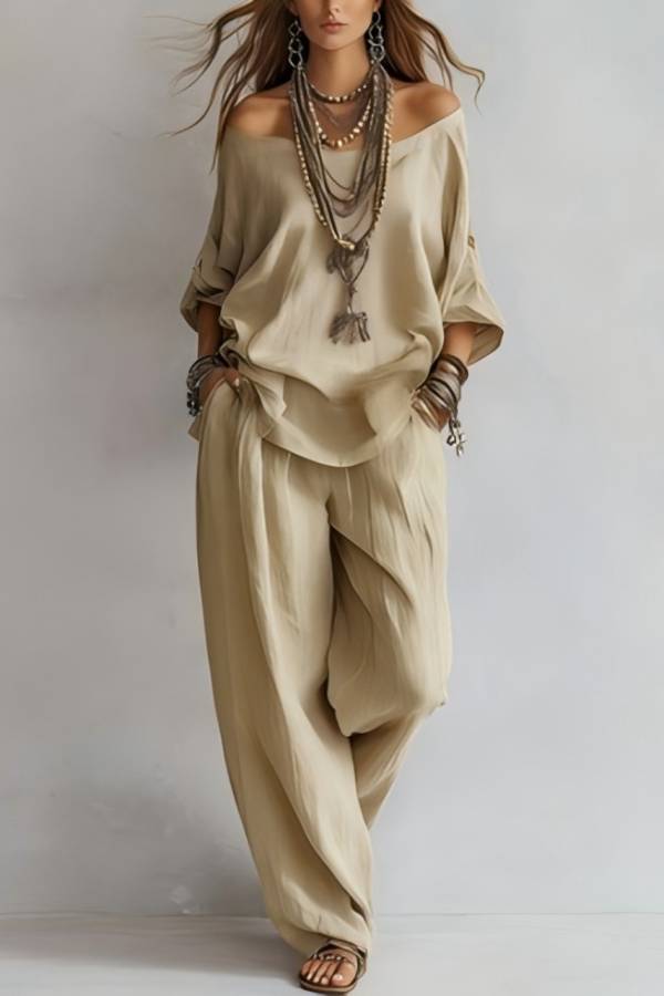Off-Shoulder Loose Top + Elastic Waist Harem Pants Set