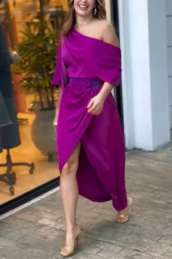 Whispered Yes Satin Irregular Lapel Neckline Design Ruched Maxi Dress