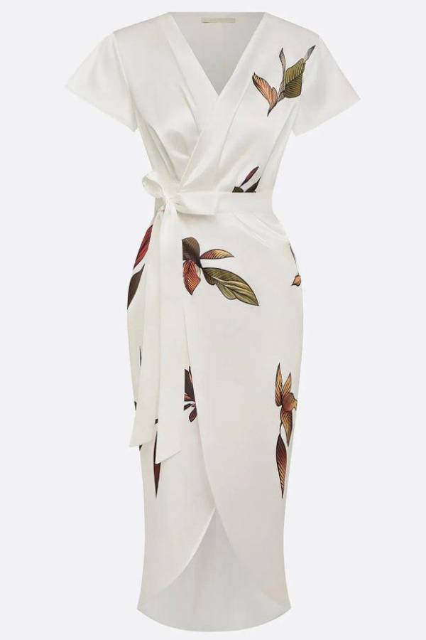 White Leaf Short Sleeve Satin Wrap Sheath Midi Dress