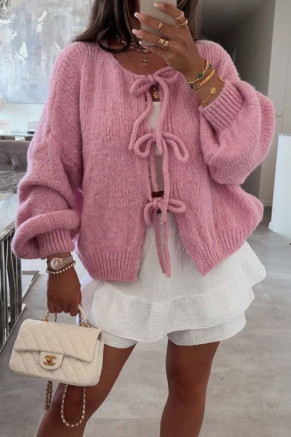 Multi-colored belted loose knit cardigan
