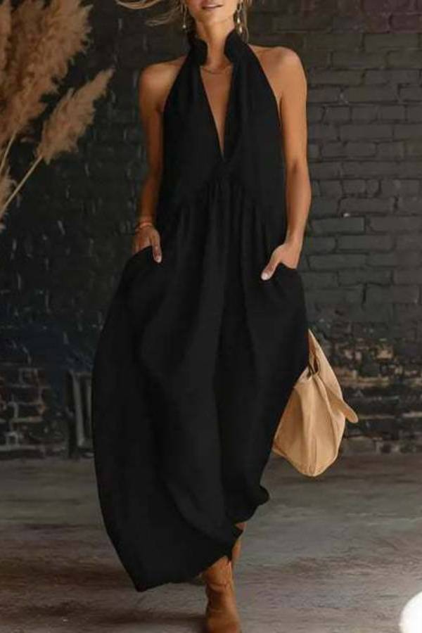 Bohemian Halter V-Neck Linen Maxi Dress
